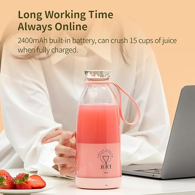 Portable Blender, Personal Smoothie Maker with 6 Blades, Rechargeable Mini Juicer Cup, 17 oz with Travel Lid for Outdoors, Camping, Office, Kitchen (Pink)
