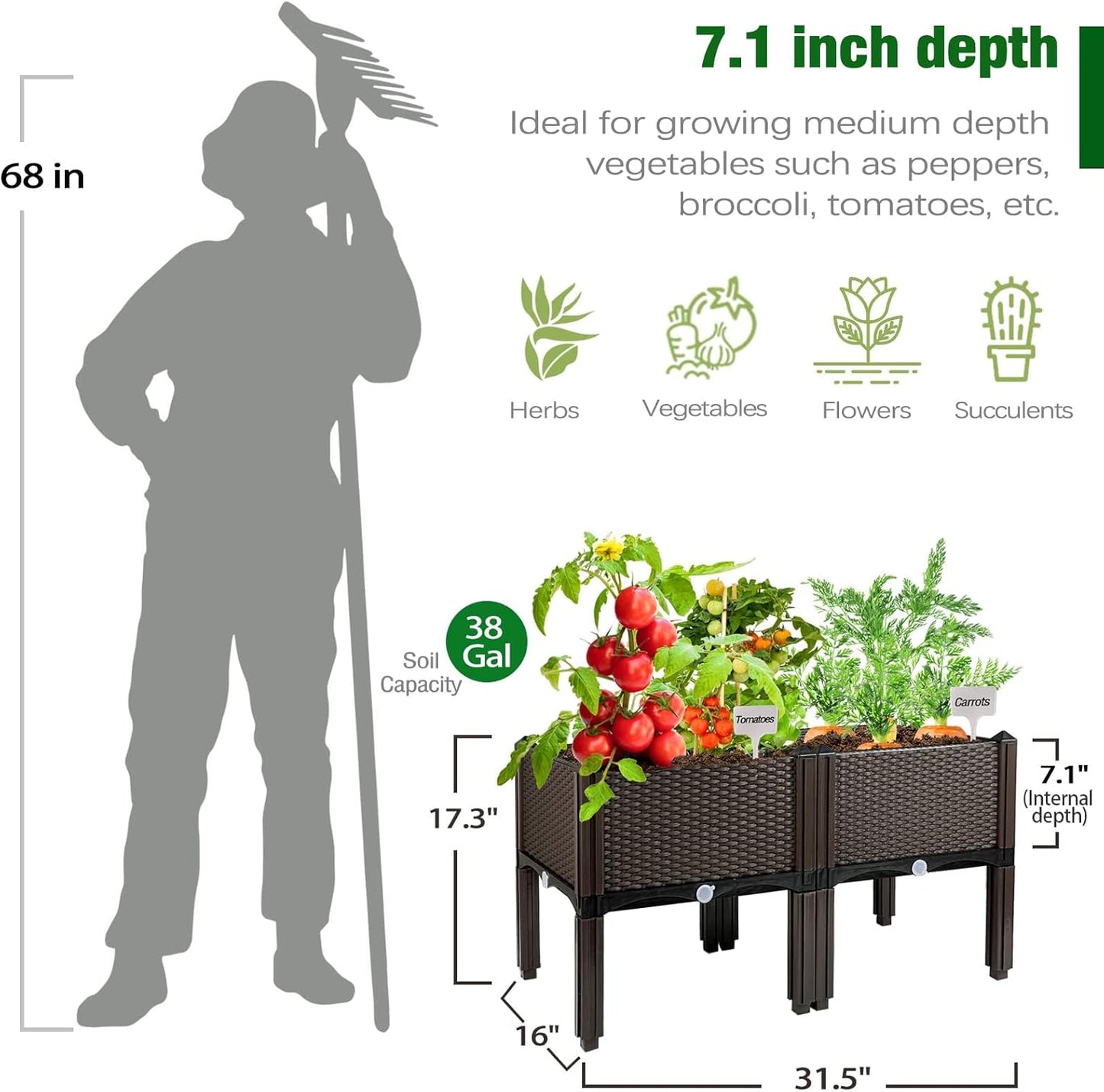 Raised Garden Bed with Legs Polypropylene Elevated Planter Boxes Outdoor Garden Box with Drain Outlet, Heat and Frost Resistance Planters