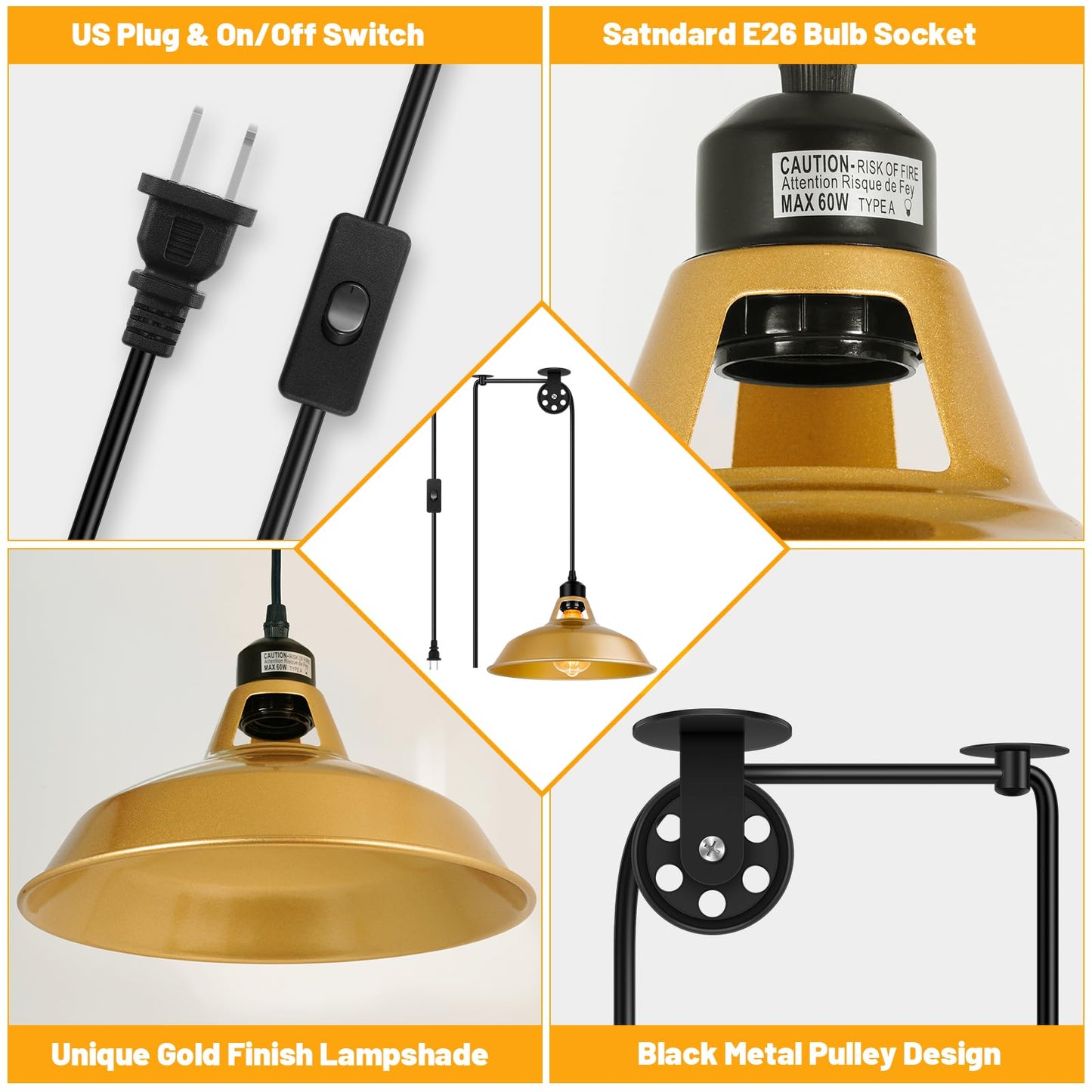 Lomoky Gold Pendant Light, Mid Century Plug-in Ceiling Lamp, 14.76ft Cord, Adjustable Pulley, 2 Pack
