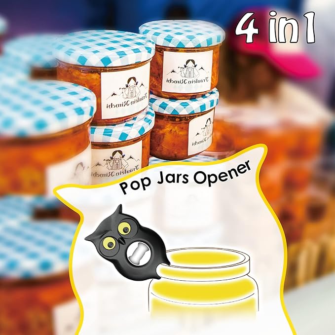 4-in-1 Manual Owl Bottle Opener - BPA-Free Multi-Function Opener for Bottle Caps, Jars, Pull Tabs & Twist Caps, Ergonomic Design for Kids, Seniors & Weak Hands (Black)