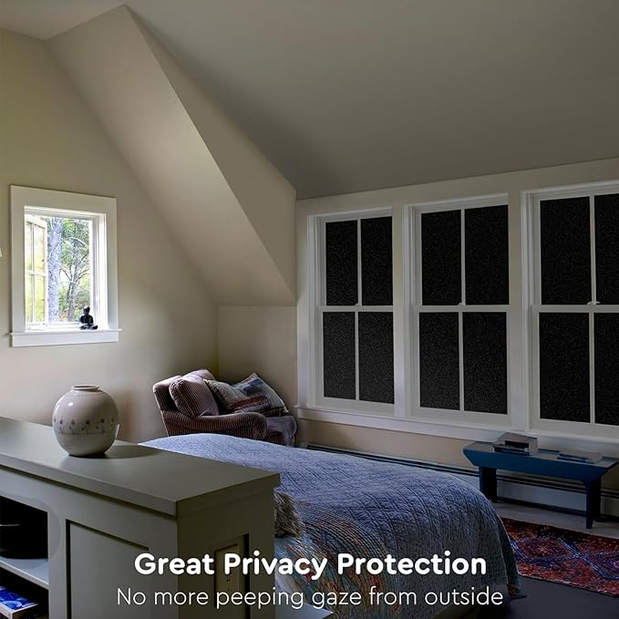 Kromapolis Blackout Window Privacy Film Total Light Blocking Room Darkening Window Covering, Removable Static Cling Frosted Glass Tint, Non-Adhesive, Black 35.4'' x 118.1''