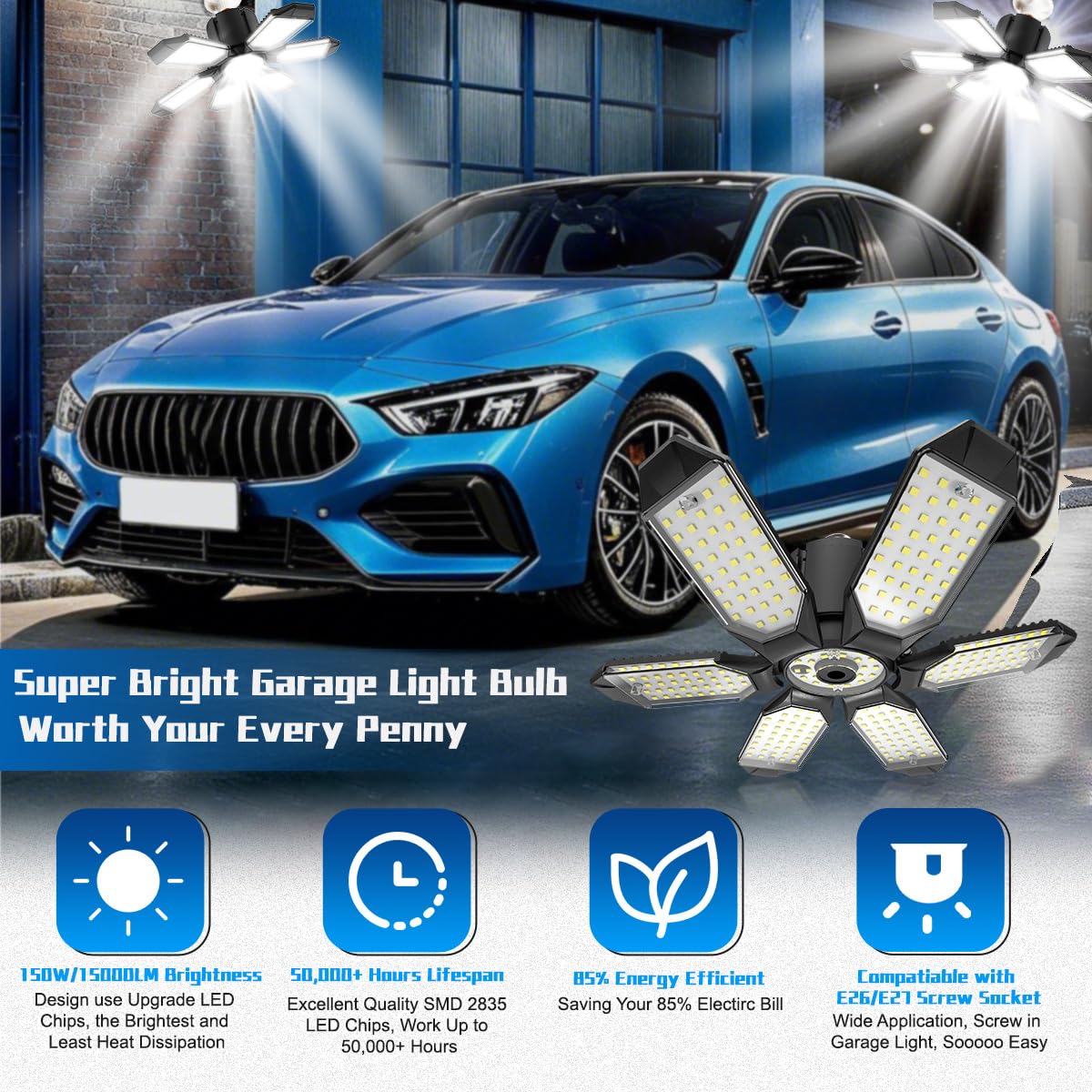 POLARPRA Garage Light - Super Brighter 15000LM Garage Light Bulb 150 Watt Equivalent Screw into E26 Socket w/ 6 Deformable Panels 6500K Led Shop Lights for Base Basement Workshop Warehouse Attic