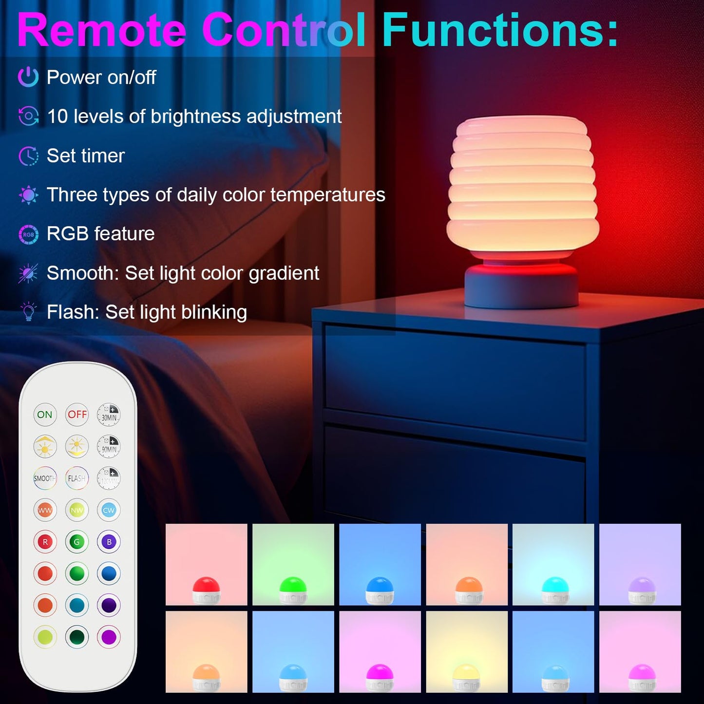 LGMCF Rechargeable Light Bulb with Remote - 6W Dimmable LED, 450LM, 15 Colors, E26, 2-Pack, Magnetic, Model JHW088