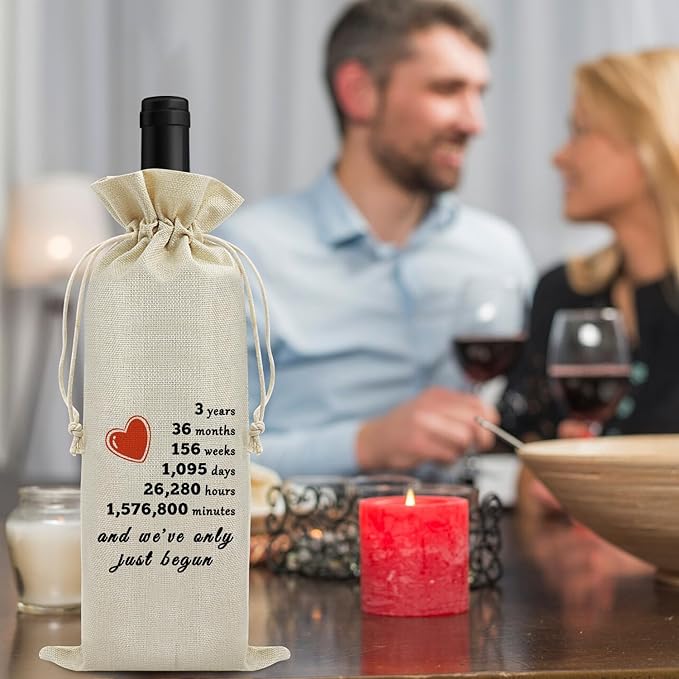 3rd Anniversary Wedding Gifts for Him Her Three Years Anniversary Wine Bag for Husband Wife 3 Year Dating Anniversary for Men Women 3 Years of Marriage Gift Birthday Christmas Gift Wine Gift Bag