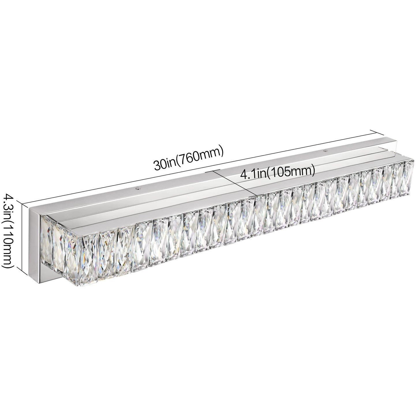 ZUZITO 30 Inch LED Bathroom Vanity Lighting Fixture, Polished Chrome with K9 Crystals, Dimmable, Model 7500-760mm-6200k