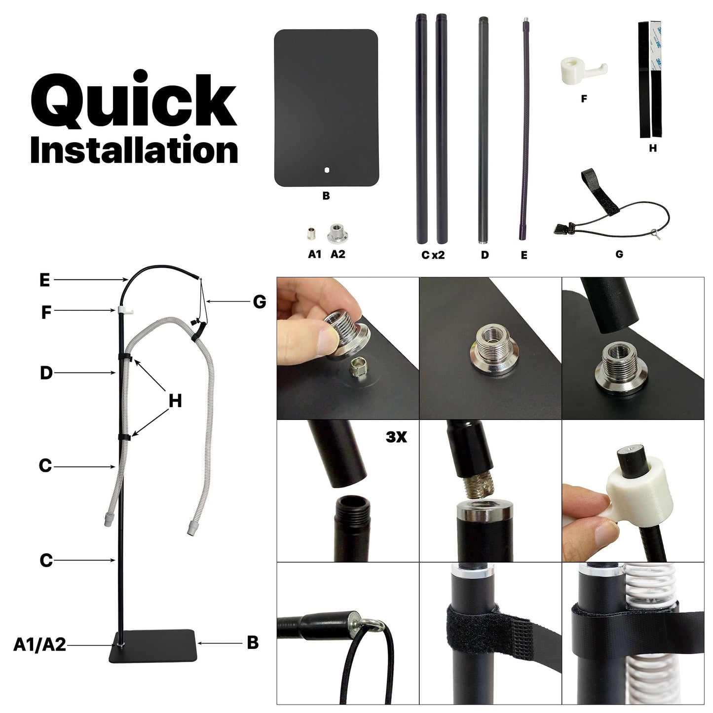 CPAP Hose Holder Stand for Improving Sleep Comfort- Customizable Height & Position for All Bed Heights, Includes Mask Hook & Tube Straps, Prevents Hose Pulling & Tangling