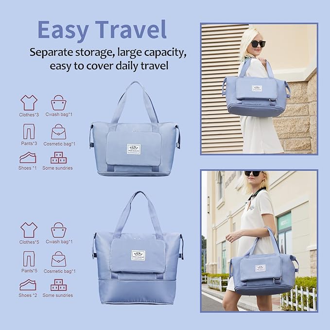 ZGWJ Expandable Travel Duffel Tote Bag - Foldable Overnight Weekender, Carry-On, Swim & Gym Bag - Fits Spirit Airlines Personal Item Size - Lightweight, Waterproof & Durable with Trolley Sleeve,Blue