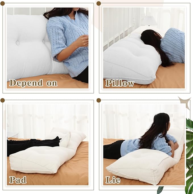 Wenqik Wedge Pillow Triangular Dorm Headboard Bed Rest Reading Backrest Back Support Long Bolster Pillow with Removable Cover for Dorm Room Supplies(White,Full (54 x 20 x 8 Inch))