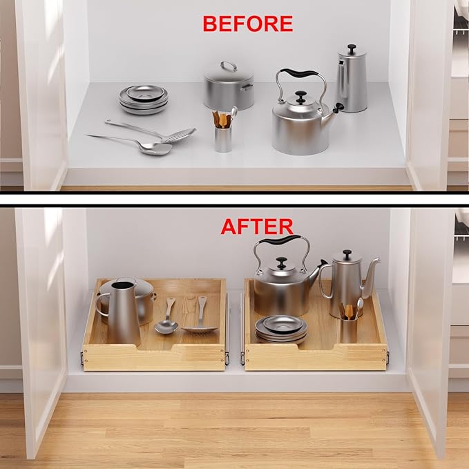 Wood Pull Out Cabinet Organizer 11" W x 21" D, for 12" Cabinet Opening Heavy-Duty Sliding Drawers for Inside Cabinets Storage and Organization for Kitchen