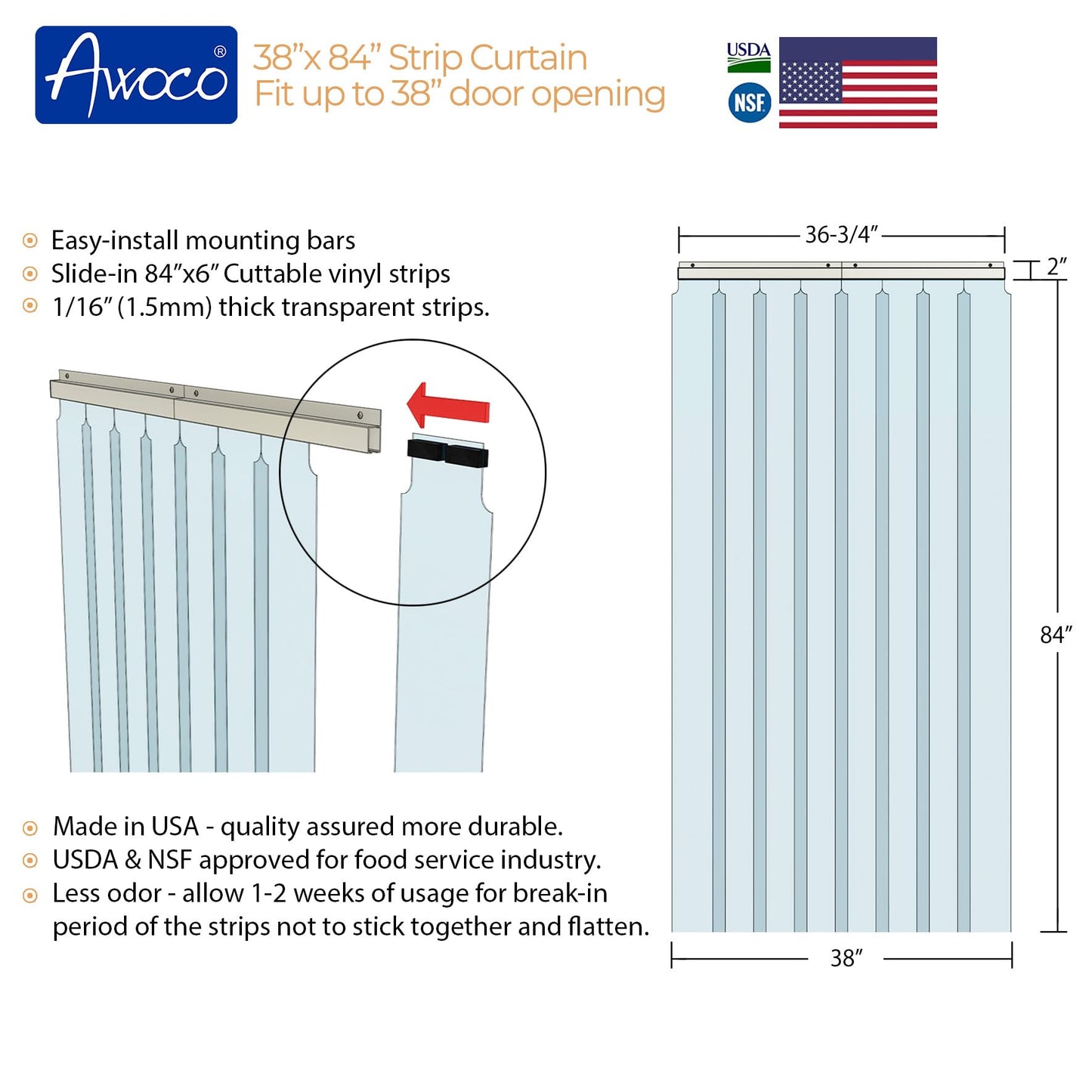 Awoco 38" x 84" Vinyl Strip Climate Control Curtain Kit, Slide-in Strips Perfect for Freezers, Coolers and Warehouse Doors NSF Approved Made in USA