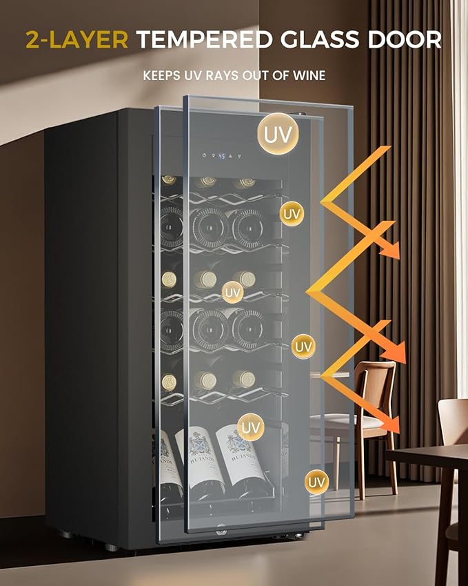 18 Bottle Compressor Wine Cooler Refrigerator - 1.58 Cu.Ft Freestanding Wine Cellar for Red, White, Champagne, Small Wine Fridge with Glass Door & Adjustable Temperature for Home Bar, Office