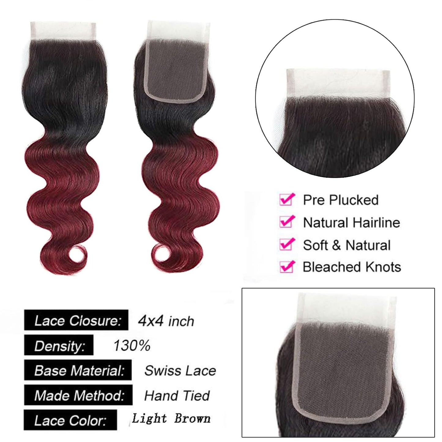1b/99j Closure 4x4 Transparent Lace 1b/99j Ombre Hair Burgundy Closure With Baby Hair Brazilian Virgin Real Human Hair High Dens