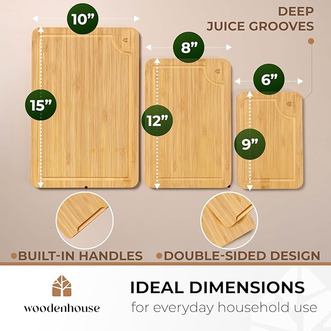 Bamboo Cutting Board Set of 3 - Thick & Durable Wood Cutting Boards with Deep Juice Grooves & Build-in Handles, Large Surface, Easy to Clean – for Meat, Vegetables and Fruits
