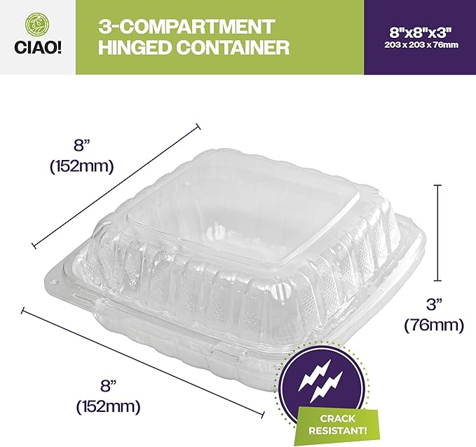 CIAO! 8"x8"x3" 3 Compartment PP Plastic Clear Hinged Container for Take Out (Case of 200)