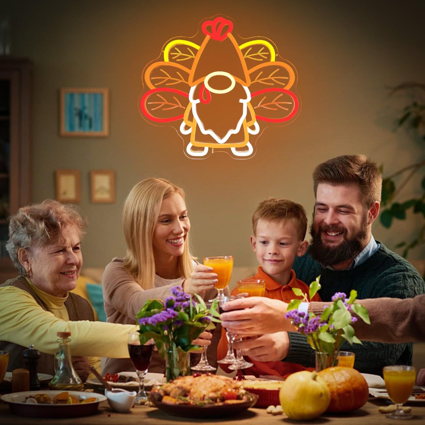 Yvuyamg Thanksgiving Gnomes Neon Sign Dimmable Turkey Fall Gnome Neon Light Sign Led Thanksgiving Gnomes Decoration For Home Turkey Gnomes With Maple Leaves Wings For Window  Indoor  Bedroom