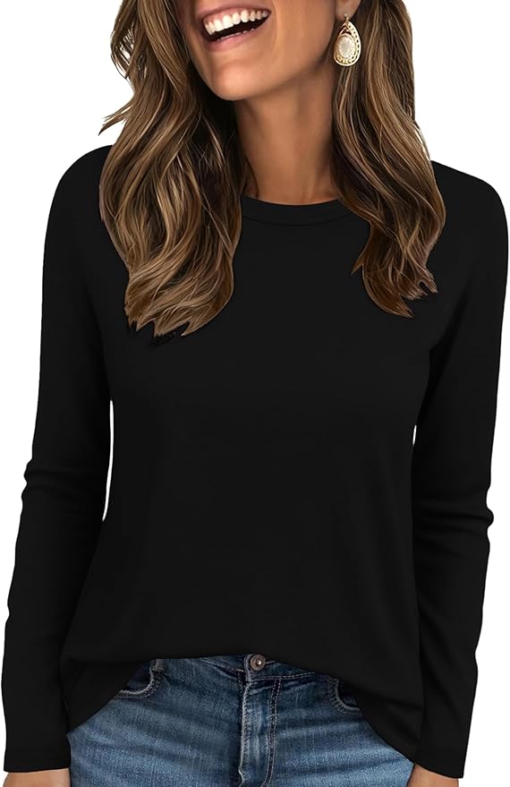 Ekouaer Womens Long Sleeve Shirts Casual Crew Neck Tops Loose Fit Thermal Undershirt Base Layer Trendy Clothes XS-XXL