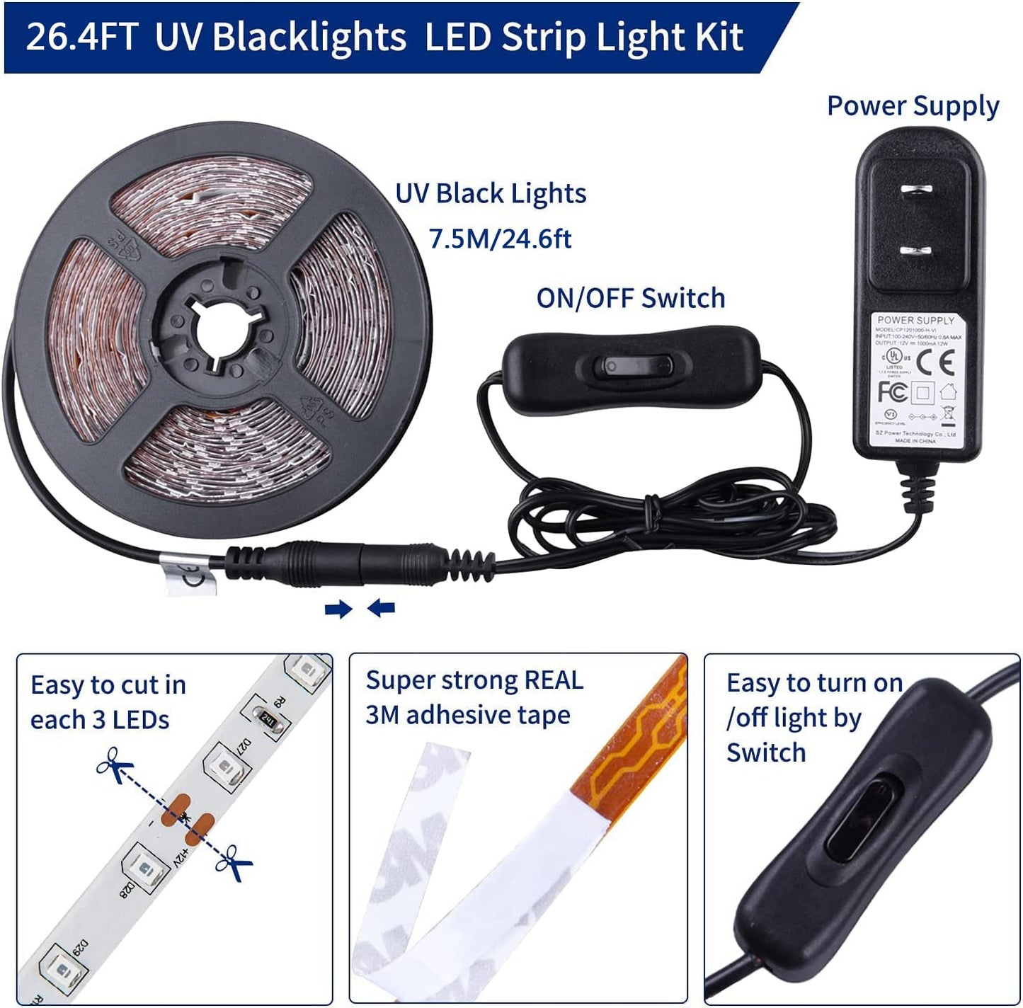 Junwen 24.6Ft Black Led Strip Lights Kit, 450 Units, 12V Flexible Blacklight For Parties & Events, Model Jw99907-Uv-Us