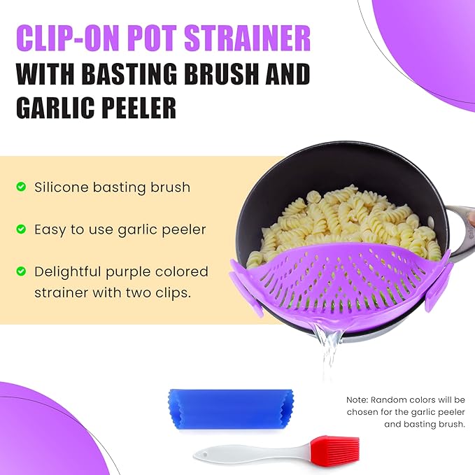 Clip On Kitchen Food Strainer for Spaghetti, Meat, Pasta, & Ground Beef Grease, Colander & Sieve Snaps or Clips Onto Bowls, Pots & Pans Includes Silicone Drainer, Brush & Garlic Peeler (Purple)