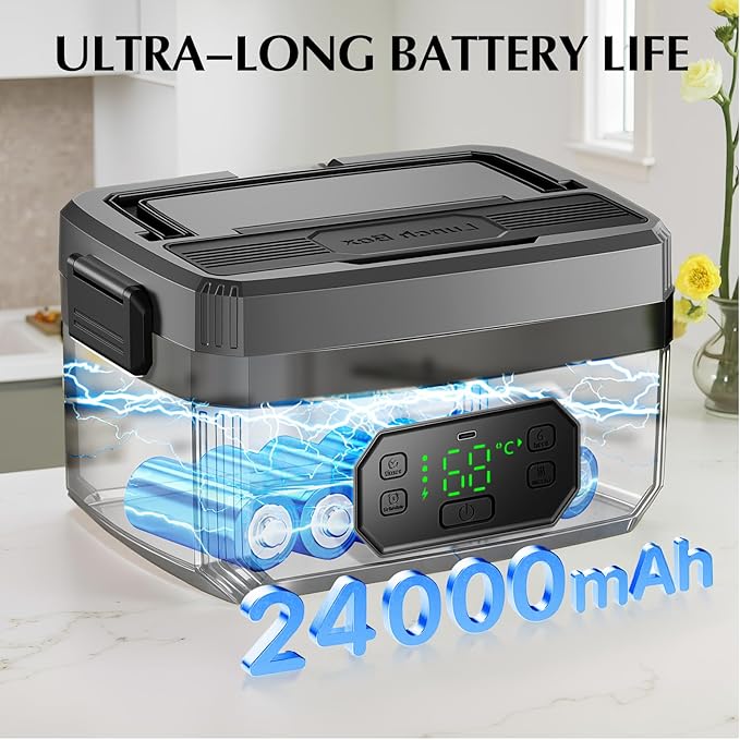 Electric Lunch Box for Adults with Timer - 1.6L Cordless Electric 24000mAh Battery-Powered Heated,5-Sided Heating & Smart Reservation - Portable Heated Lunch Box for Office, Truck, Camping