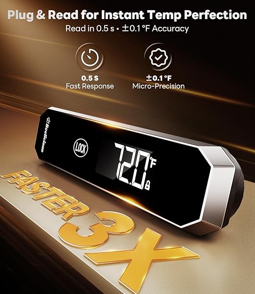 LockView FM151 Meat Thermometer with Temp Lock & Auto-Resume, Multi-Tested 0.5 Sec Instant Read Digital Probe, IP67 Waterproof 18/8 Stainless Steel for Cooking, Grilling, Black
