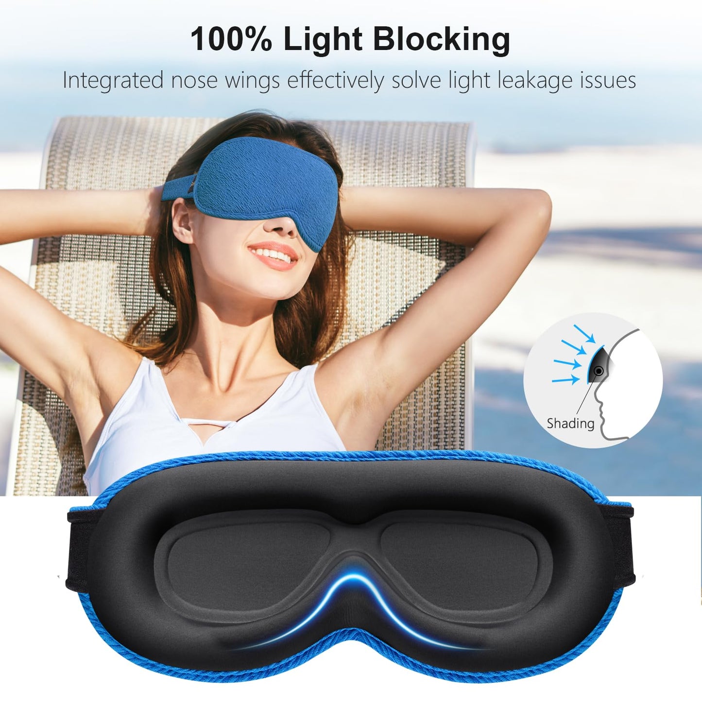 Gritin 100%Blackout Sleep Eye Mask for Women Men,Zero Eye Pressure Sleeping Mask-Ergonomic Design 3D Cutout Eye Movement and Eyelash Friendly Night Blindfold,Soft&Comfortable for Sleeping-Pacific Blue