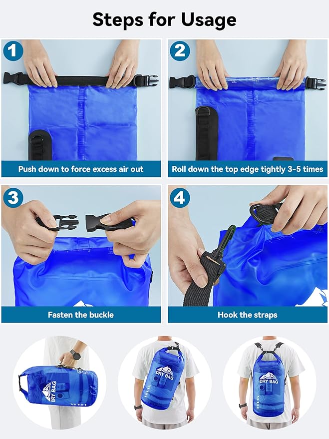 HEETA Dry Bag Waterproof for Women Men, 5L/10L/20L/30L/40L Roll Top Lightweight Dry Storage Bag Backpack with Phone Case for Travel, Swimming, Boating, Kayaking, Camping & Beach, 11 Transparent Colors