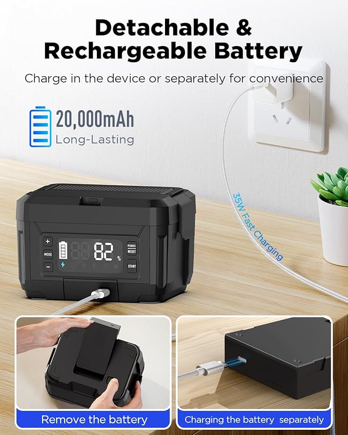 Cordless Electric Lunch Box for Adults – 1.2L Stainless Steel Self-Heating Lunch Box with 20000mAh Removable Rechargeable Battery, Portable Heated Food Warmer for Work, Travel & Office(black