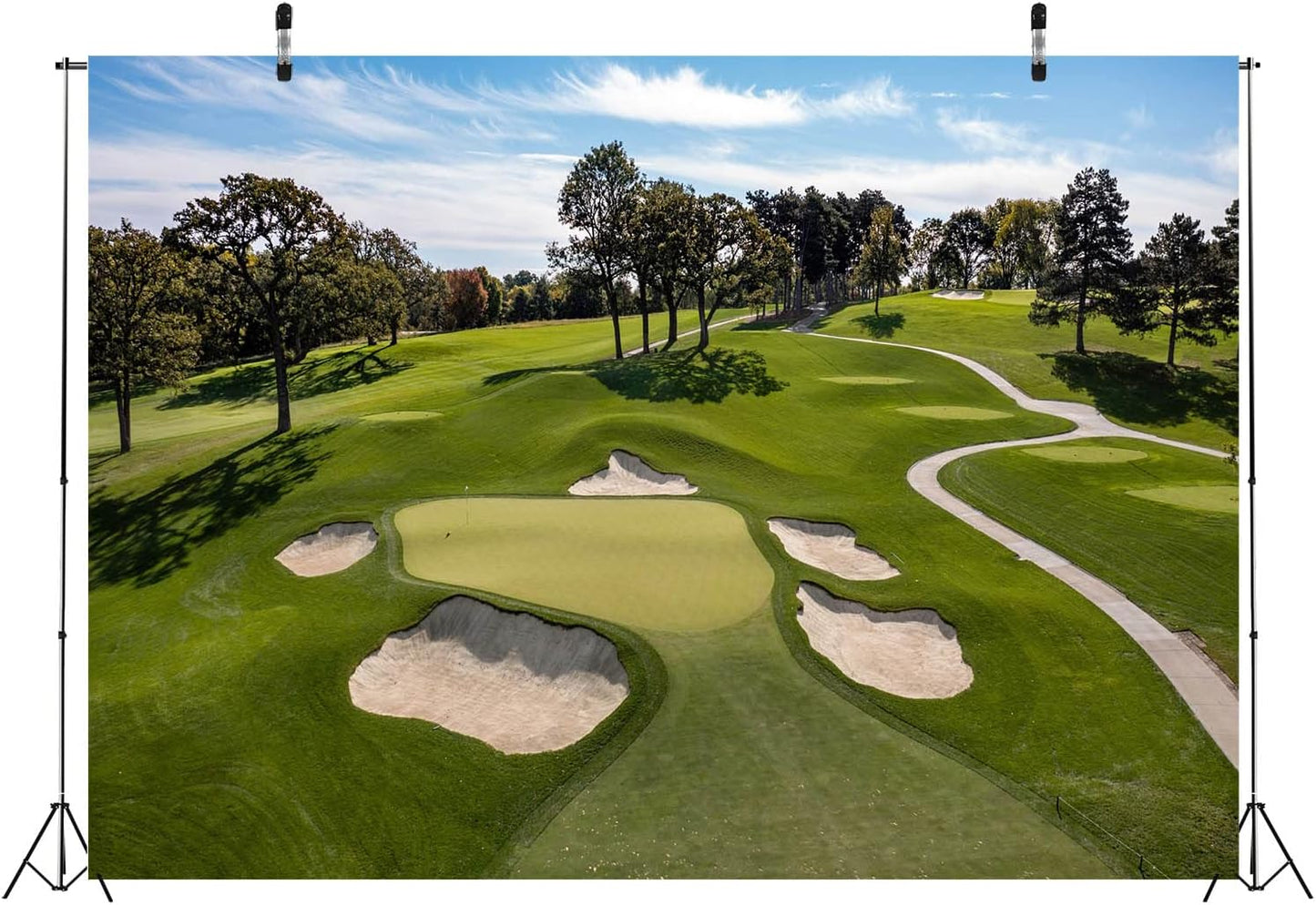 BELECO 5x3ft Fabric Golf Course Backdrop for Photography Green Grass Lawn Bunker Trees Blue Sky White Clouds Outdoor Golf Backdrop Golf Party Decorations Birthday Shoot Holiday Photo Studio Props