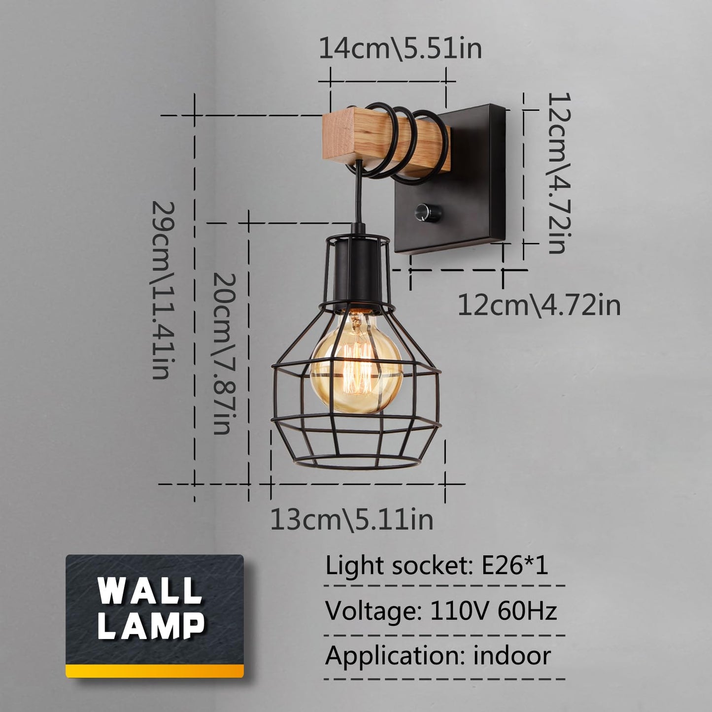 Lightess Industrial Wall Sconces Set of 2, Dimmer Switch, Metal Cage Shade, Black, 2 Pack, Model LG9951177