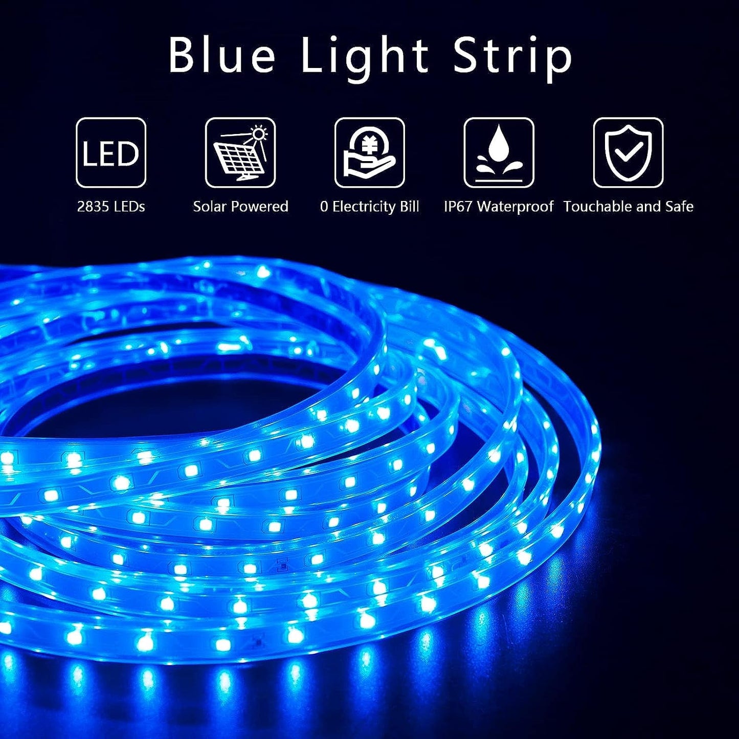 Lumtang Solar Blue LED Strip Lights, 16.4ft, IP67 Waterproof, USB Rechargeable, 8 Lighting Modes for Outdoor Decor
