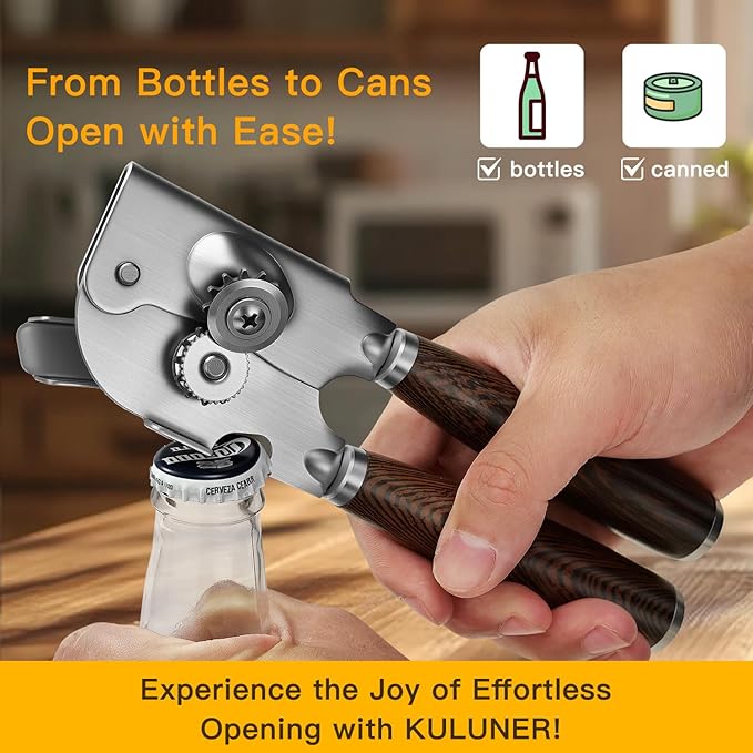 Upgraded Efficient Manual Can Opener - Selected Solid Wood Handle, Sharp and Smooth Blade Edge, Portable Design, Easy-Open Large Knob, Versatile for Various Bottle Caps(Wenge)