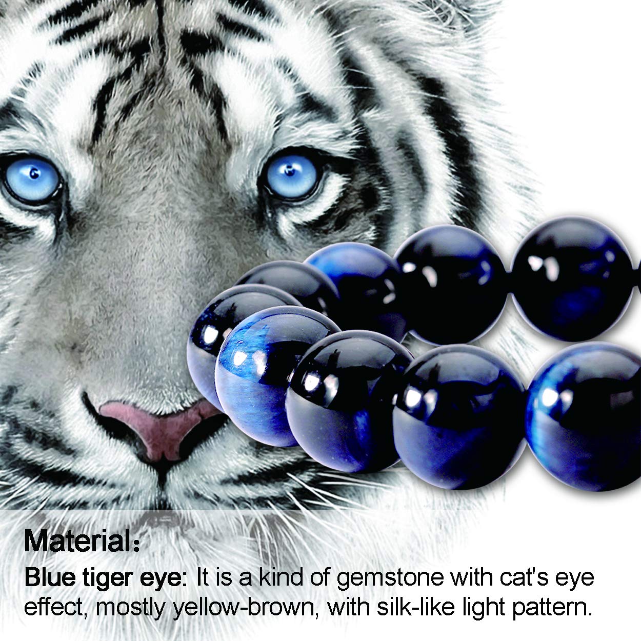 Jewever Original Natural Blue Tiger Eye Gemstone 12mm Smooth Round Beads Stretch Unisex