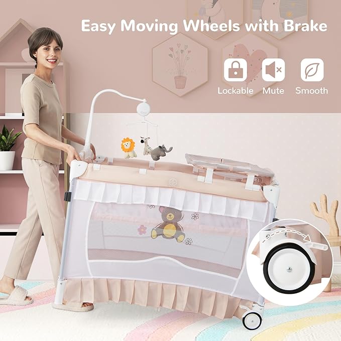 HONEY JOY 4-in-1 Pack and Play with Canopy, Portable Baby Playard w/Changing Table and Infant Bassinet Cute Toys & Music, Foldable Bassinet for Newborn and Toddler(Light Pink)