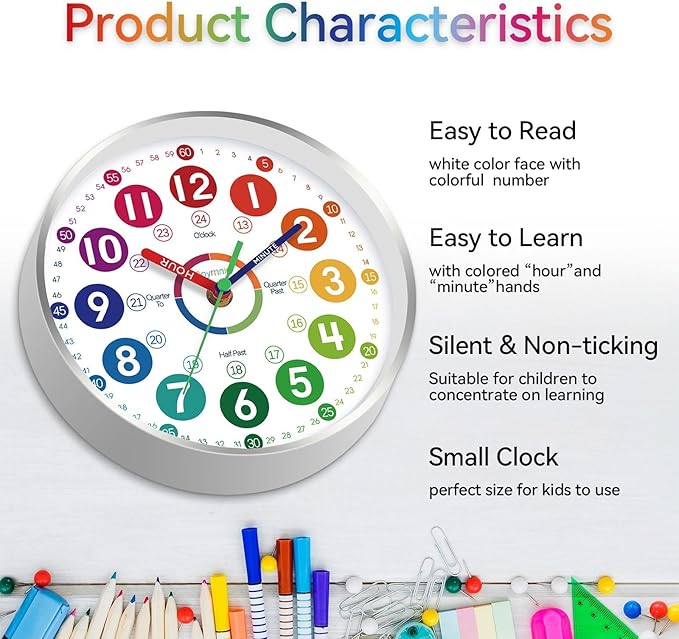 Wall Clock for Kids Learning - Teaching Time Wall Clocks Battery Operated Silent Non Ticking - Analog Colorful Clock Decorative for Kids Room Classroom School(8 Inch&Silver)
