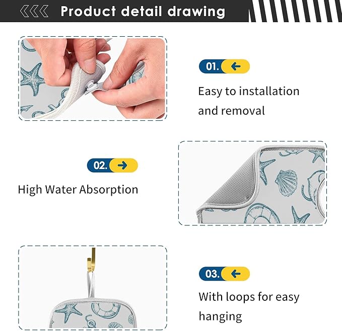 Coastal Starfish Shell Faucet Water Catcher Mat 2 Pack Seashell Ocean Nautical Theme Drying Mat Absorbent Bathroom Faucet Handle Drip Catcher Tray Bar RV Kitchen Sink Splash Guard 14x5 Inches