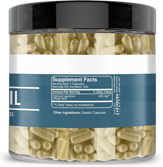 Earthborn Elements Holy Basil 200 Capsules, Pure & Undiluted, No Additives