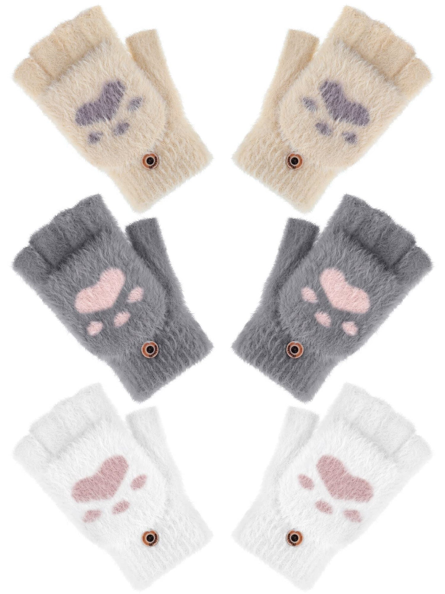 Bencailor 3 Pairs Winter Gloves Fingerless Convertible Mittens Thermal Cat Paw Rabbit Ears Gloves Windproof Warm for Women (Dark Gray, White, Light Khaki,over 15 Years,Paw Style)