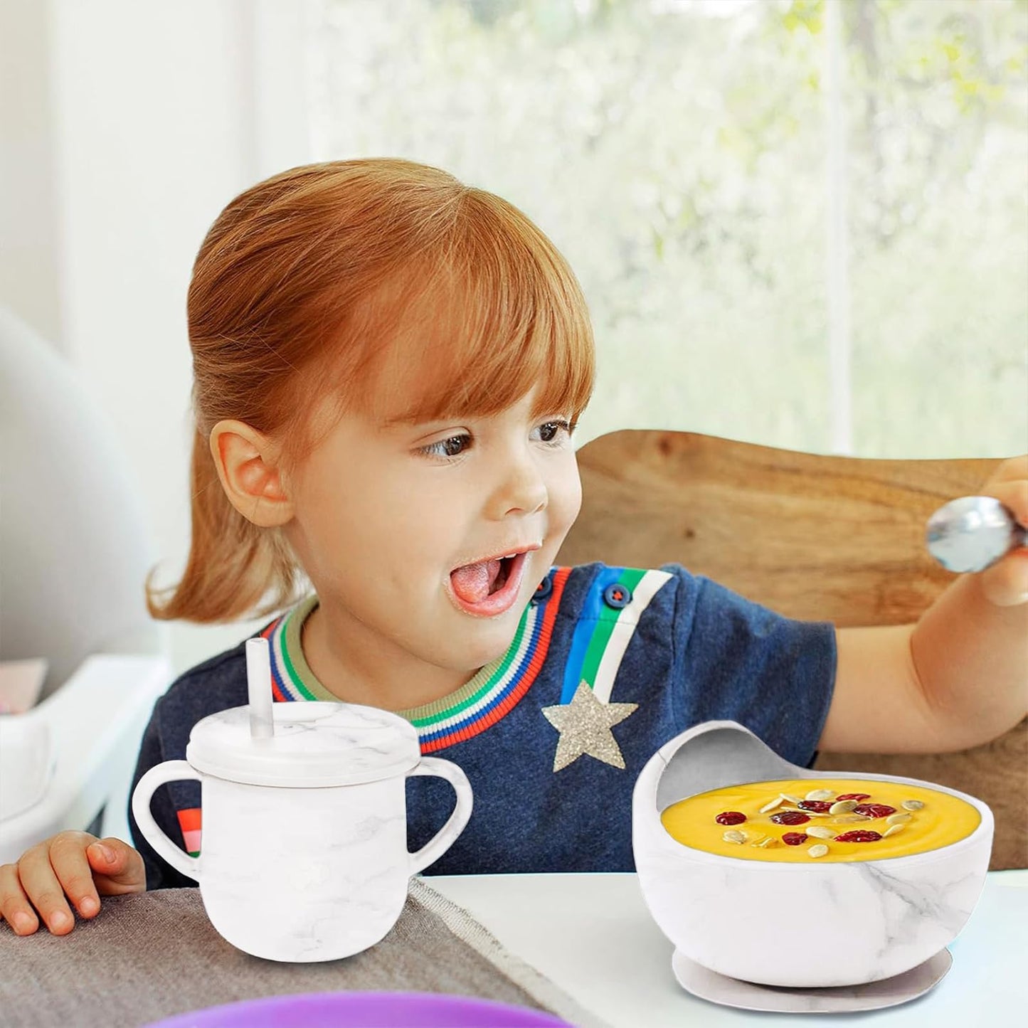 Dormlony 9pc BPA Free Silicone Baby Feeding Set - White: Suction Bowl, Divided Plate, Sippy Cup, Bib, Spoons, Forks - Baby Eating Utensils
