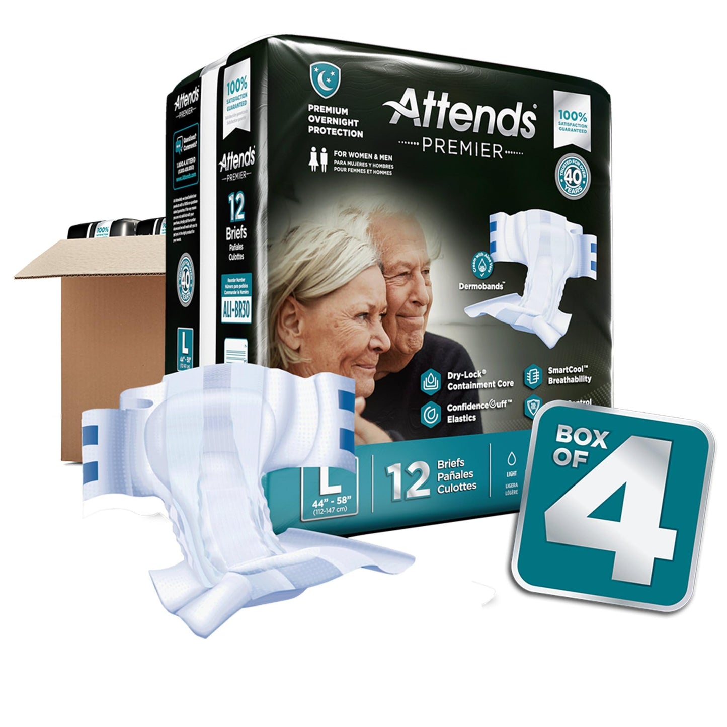 Attends Premier Adult Disposable SmartCool® Briefs, Large, 44-58" High-Rise Waist Tab Closure, Premium Overnight Dry-Lock Protection, Odor Control, 48ct Case
