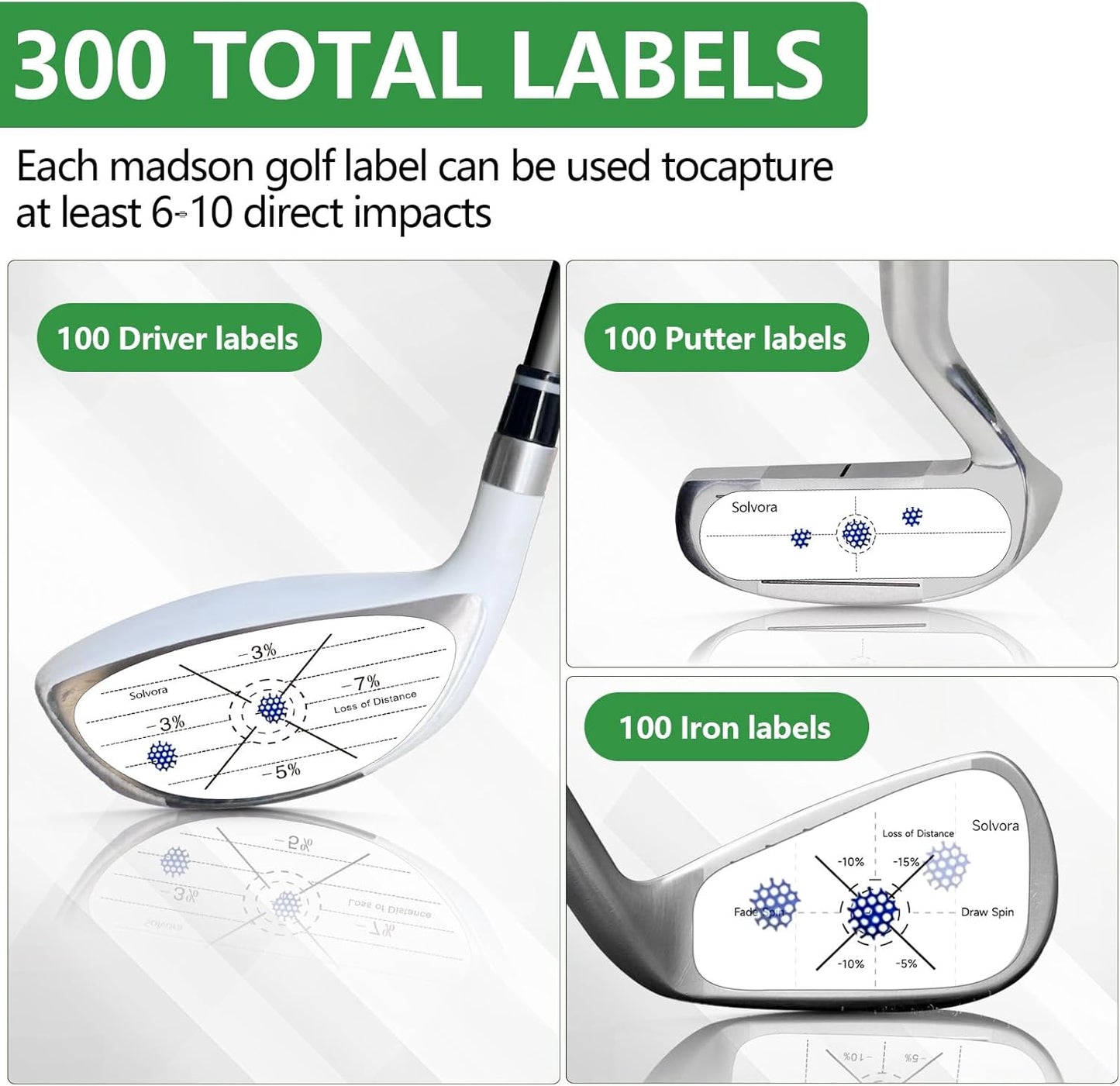 Golf Impact Tape, 300 Pcs Club Impact Stickers for Woods Irons and Putters No Residue Golf Accessories for Swing Practice (300PCS)