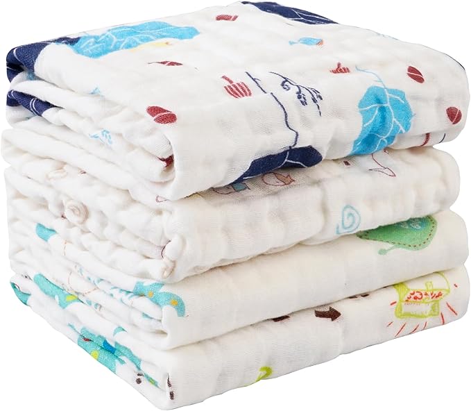 Viviland Baby Muslin Burp Cloths, 100% Cotton Super Absorbent Washcloths for Baby Girl and Boy, 10 x 20 inches 6-Layer Baby Bath Towels, Elephant & Whale Pattern 4 Pack