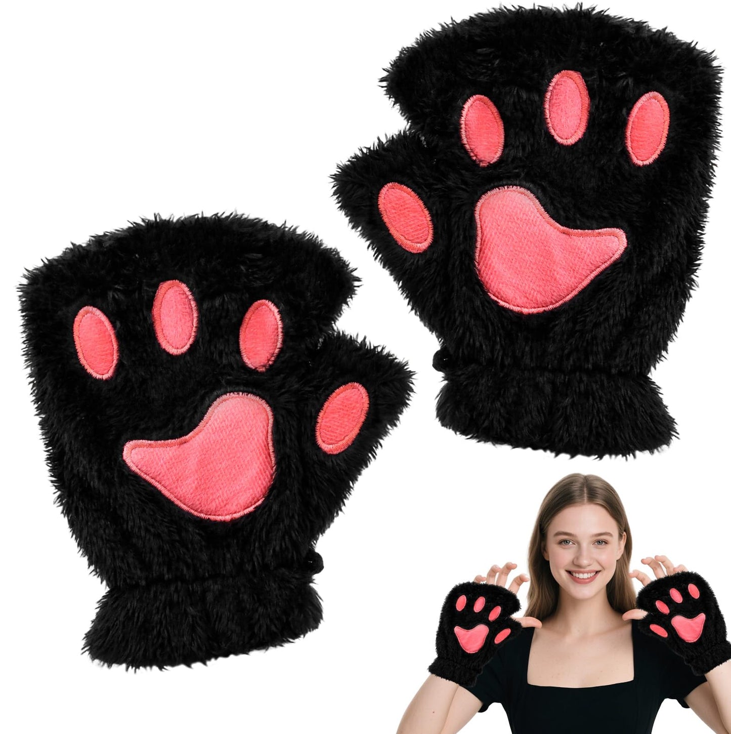 Dokeawo Fingerless Cat Paw Gloves, Furry Bear Plush Animal Mittens, Cute Cosplay Halloween Cat Costume Accessories for Women