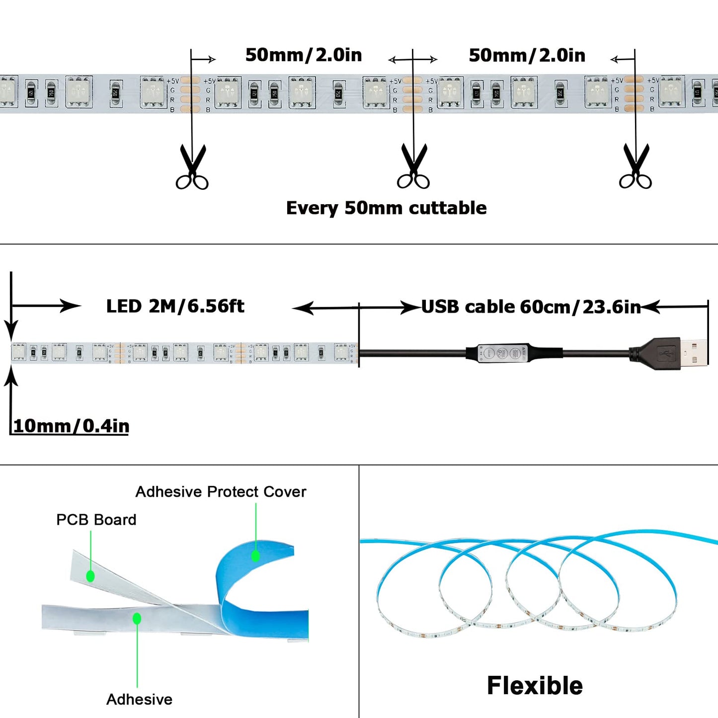KXZM 5V USB RGB LED Strip Light 13.2ft (2 x 6.6ft) 240 LEDs Dimmable 19 Modes IP20