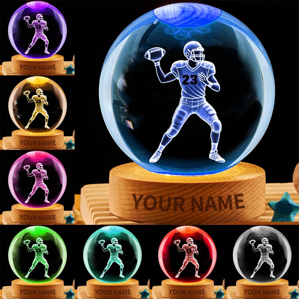 Personalized Football Crystal Night Light Gift for Men Women, Custom Name/Number Football Player 3D Crystal Ball Night Light Lamp for Bedroom Room Sports Decor Party Bar Christmas Birthday Gift