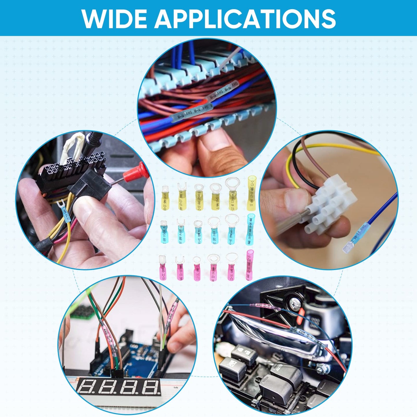TICONN 120Pcs Heat Shrink Wire Connectors, Waterproof Automotive Marine Electrical Terminals Kit, Crimp Connector Assortment, Ring Fork Spade Butt Splices