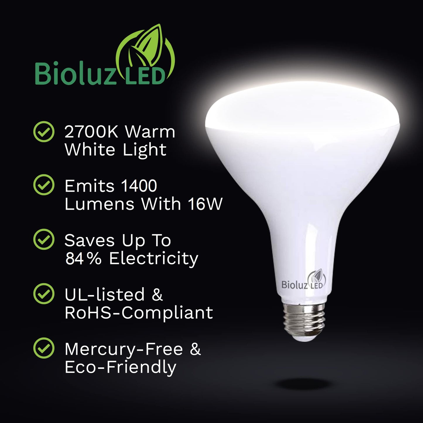 Bioluz BR40 LED Light Bulbs 16W 1400 Lumen Warm White 2700K 4 Pack Title 20 Compliant Plastic