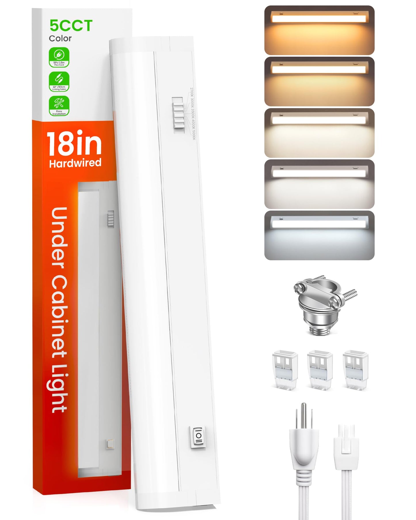 Alusso Lighting?18 Inch Led Under Cabinet Lighting Hardwired & Plug In  5Cct Color Selectable 2700K-5000K Dimmable 10W 850Lm High Brightness  Linkable Strip Under Counter Lights For Kitchen  1 Pack