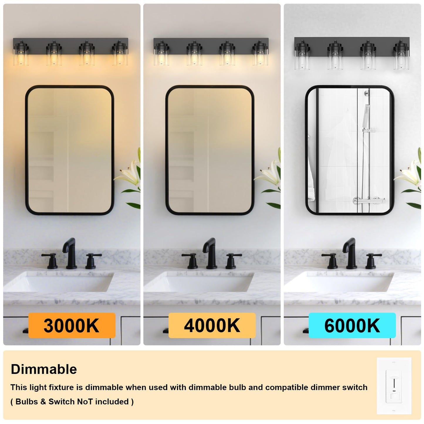 Izorro Bathroom Vanity Light Fixture  4-Light 27.5 Inch Matte Black Bathroom Light Fixtures Over Mirror  With Clear Glass Shade  Modern Farmhouse Vanity Lights  Rustic Restroom Lighting Fixtures
