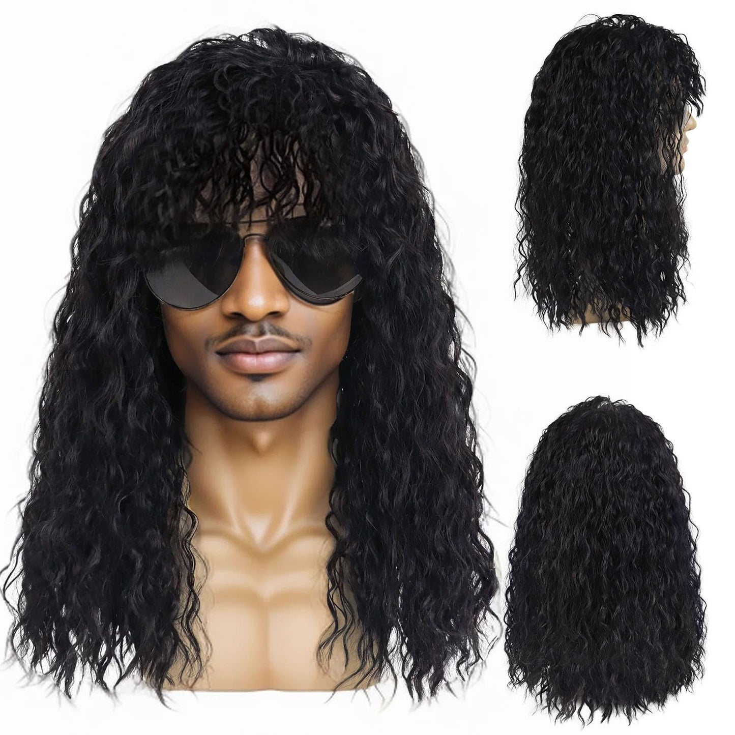 GNIMEGIL Cool Long Curly Synthetic Wig for Men in Jet Black - Retro Rock Style Halloween Costume Roleplay Black Curly Wig Deep W