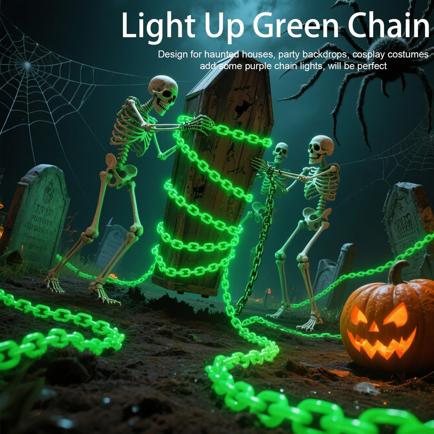 Ohwewant 10Ft Green Chains Battery Operated Halloween Lights  Halloween Decorations Outdoor Indoor  8 Modes Timer Lighted Prop Chains For Party Haunted House Skeleton Dog Creepy Costumes Cosplay